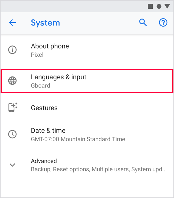 Settings - System on Android